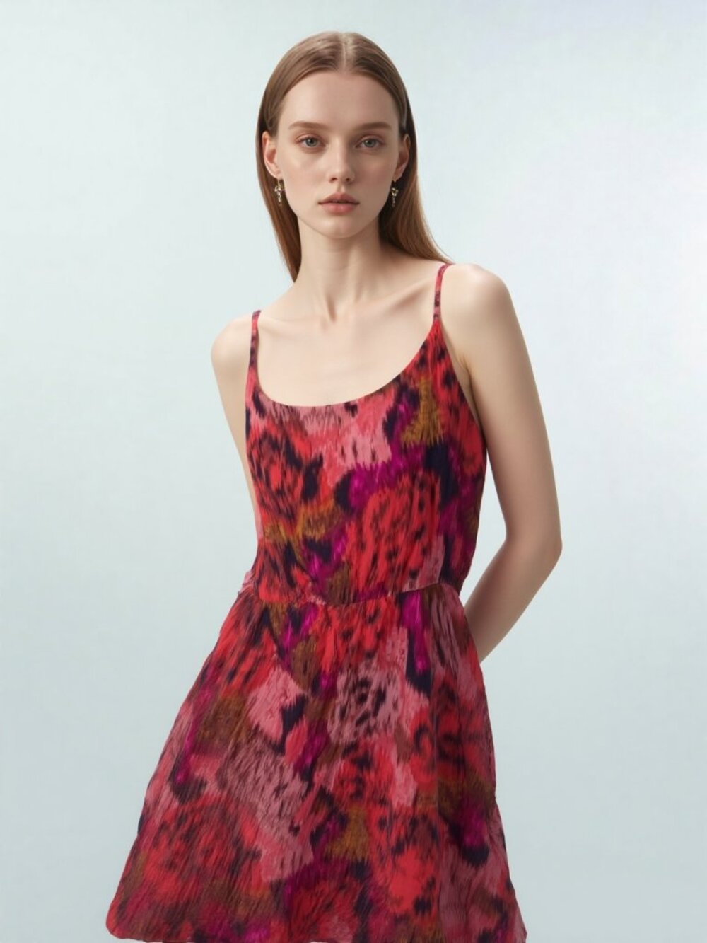 J. Crew Vibrant Watercolor Pink-Red Print Silk Spaghetti Strap Dress